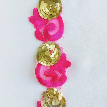 Fuchsia Pink Lace Trim, Tissue Fabric Cutwork With Floral Embroidery & Gold Sequins,